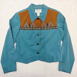 VTG Sharon Young‎ Sportswear Turquoise Suede Southwest Geometric Trim Jacket LG